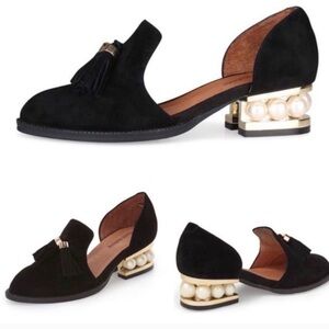 Jeffrey Campbell 'Civil' Pearly Heeled Beaded Tassel Black Suede Women’s Loafer